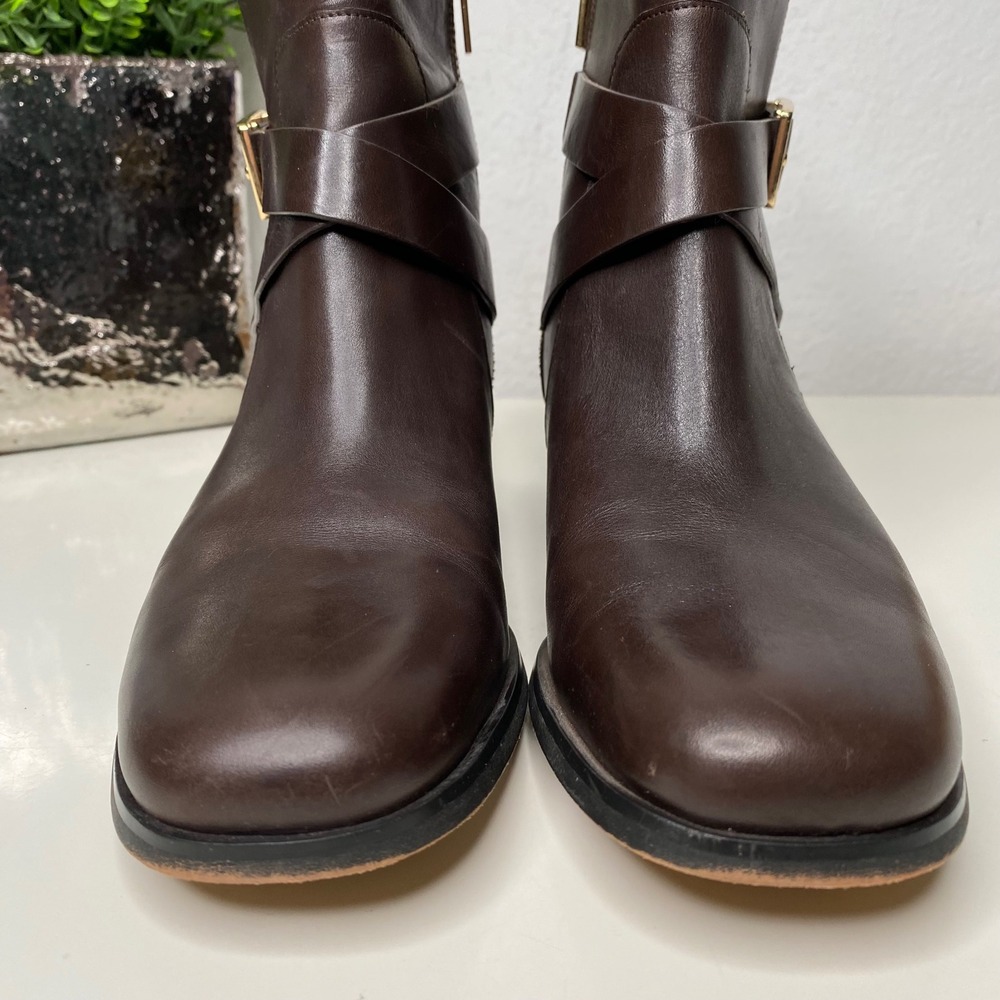 Michael Kors‎ Bryce Chocolate Brown Leather Ankle Boots Side Zip Block Heel SZ 8 - Picture 4 of 15
